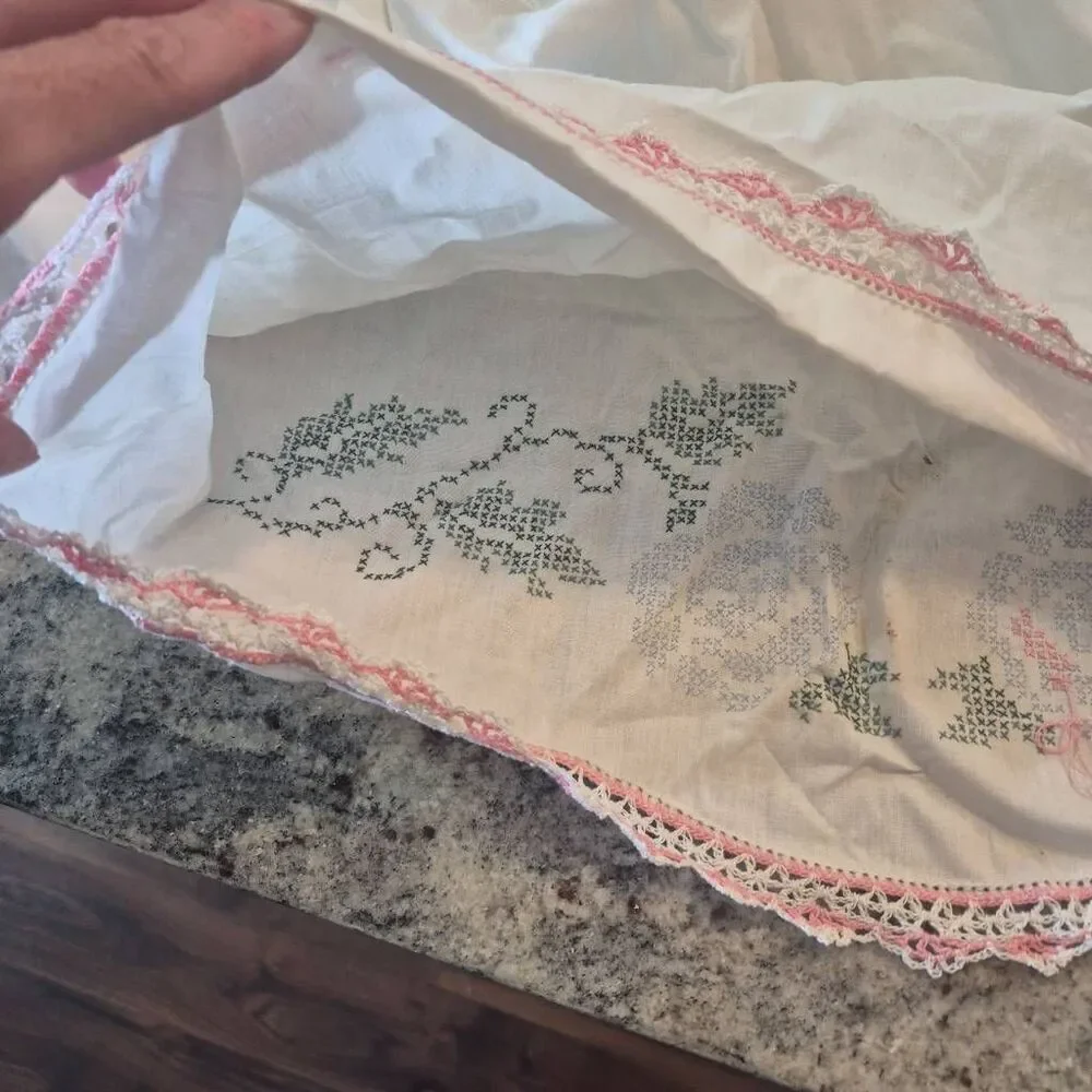 Pillowcases (2), White Cotton, Vintage Pink Variegated Crochet Cross Stitch Star